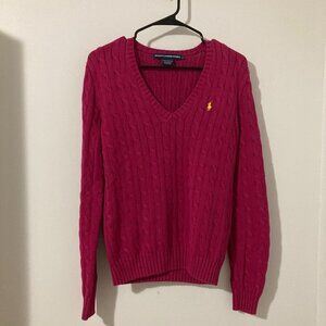 Ralph Lauren Woman L Sweater Sport Cable Knit Pullover Logo Fuchsia Pink Cotton